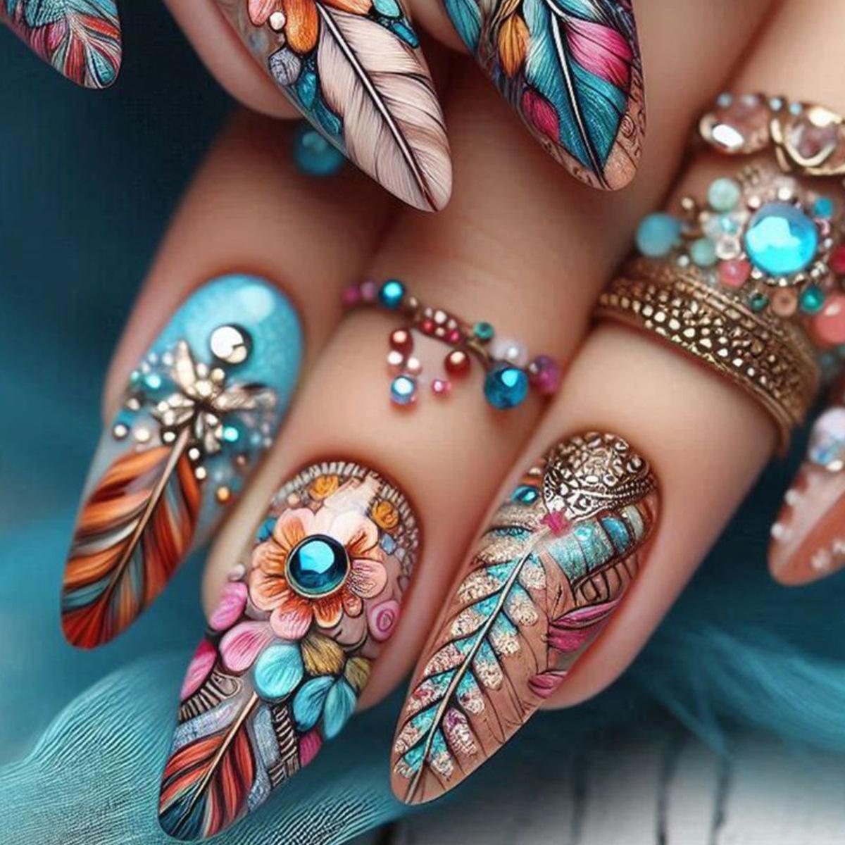 

Colorful Floral Press on Nail Medium Almond Stick on Nail Fall Flowers False Nail Full Cover Valentine Gift for Women