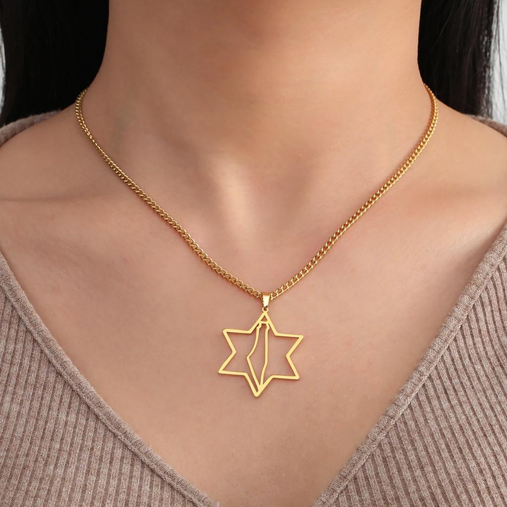 Lucktune Star of David Map Pendant Necklace Stainless Steel Hexagram Geography Outline Chain Necklace for Women Men Jewelry Gift