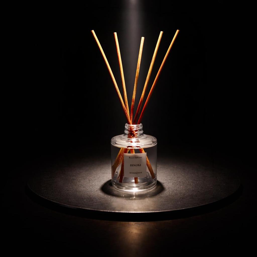 AromaQuest Reed Diffuser, Hinoki (Japanese Cypress) Scent, Aroma Diffuser, Room Fragrance, Made in Japan (Silver)