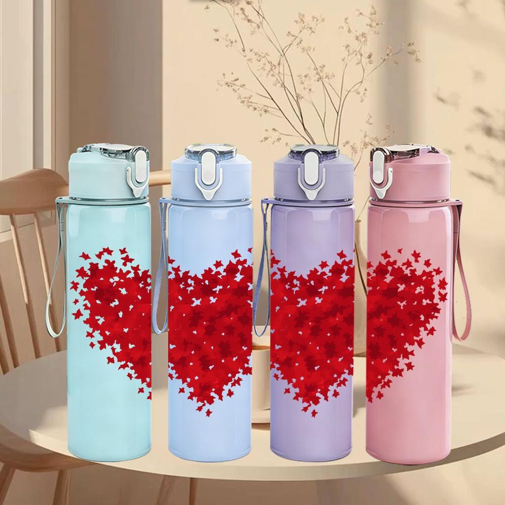 1PC Scattered Red Heart Texture Print 750ml Color Plastic Sports Water Bottle Leakproof Flip Straw Lid Suitable for Sports Office Home Use