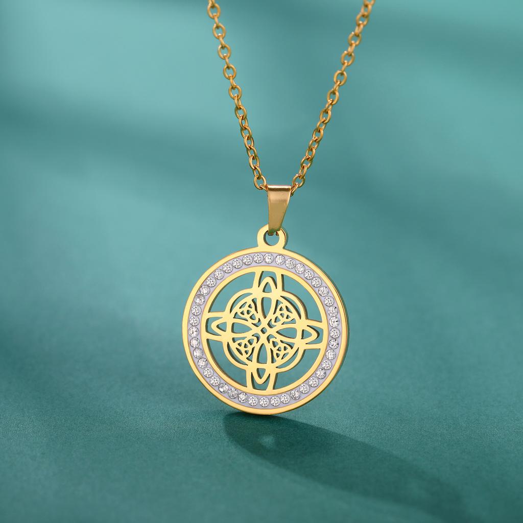 Double Layer Titanium Steel Miko Knot Pendant Necklace with Circle Diamond Accents Simple Fashion Jewelry