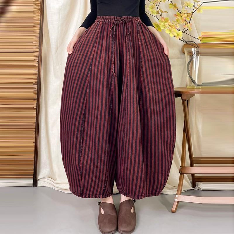Cotton Linen Casual Pants Women Autumn Vintage Style Striped Female High Waist Harem Pants