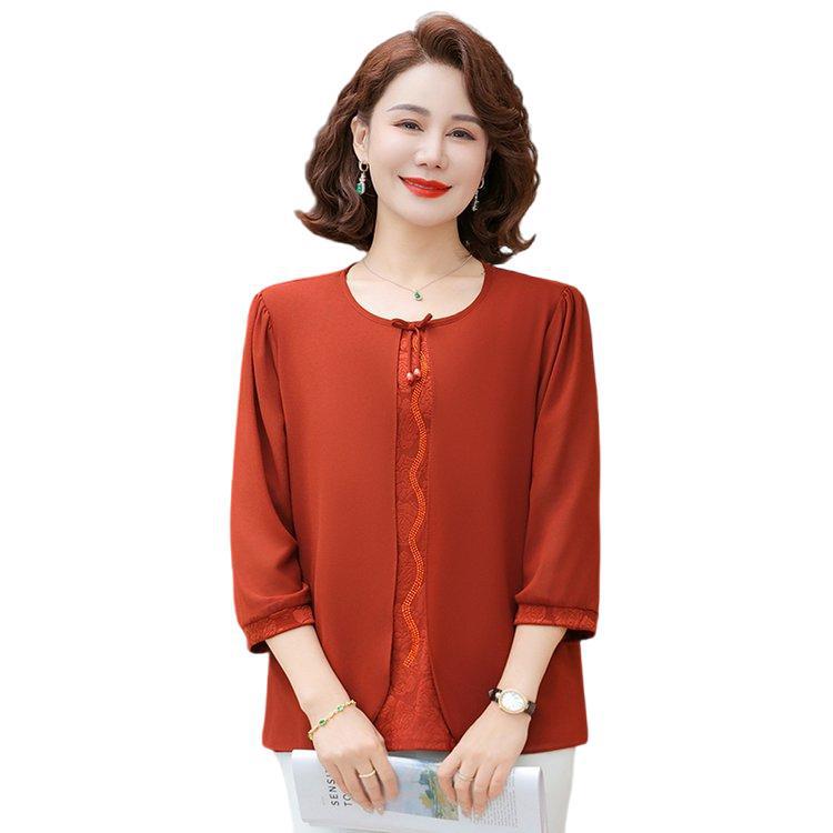 Elegant Chiffon Lace Shirt for Mid-aged & Senior Women, Lightweight, 3/4 Sleeves, Loose Fit, Fashionable