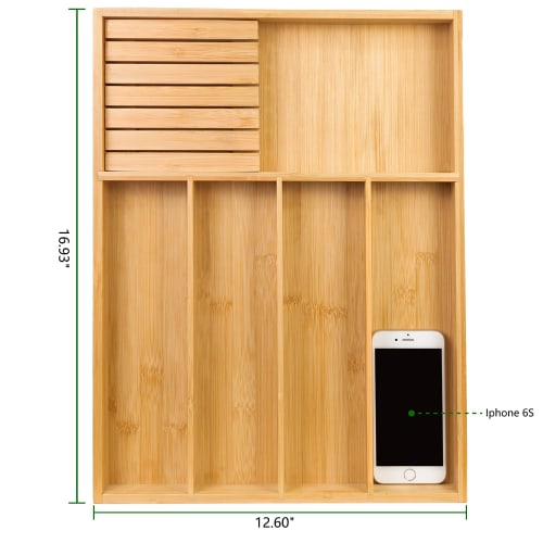 VaeFae Bamboo Silverware Organizer (Non-Expandable), Drawer Dish Holder, Wooden Cutlery Tray with Dividers for Kitchen Drawers, Dish Organizer with Kn