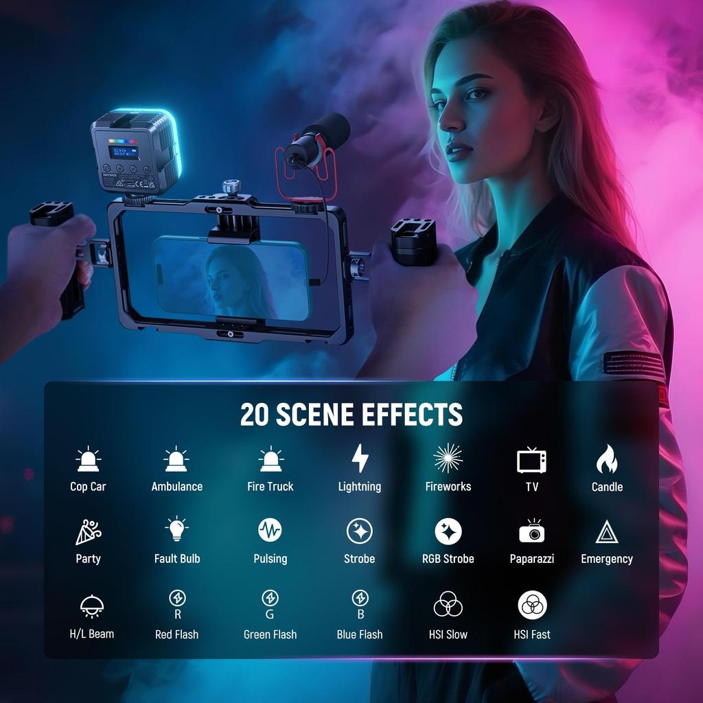 NEEWER RGB61 Magnetic Video Light, 360° Full-Color LED Camera Light, 800 Lux/0.5m, CRI97+ High Color Rendering, 2500K-8500K Dimmable, 20 Scene Modes,