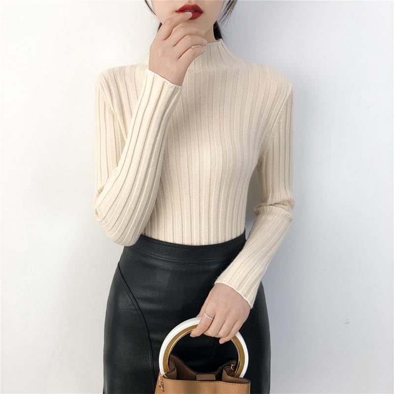 

Женский повседневный свитер с длинным рукавом, вязаный свитер, модный свитер с полувысоким воротом, женский осенний облегающий зимний женский трикотаж 24969 One Size абрикосовый