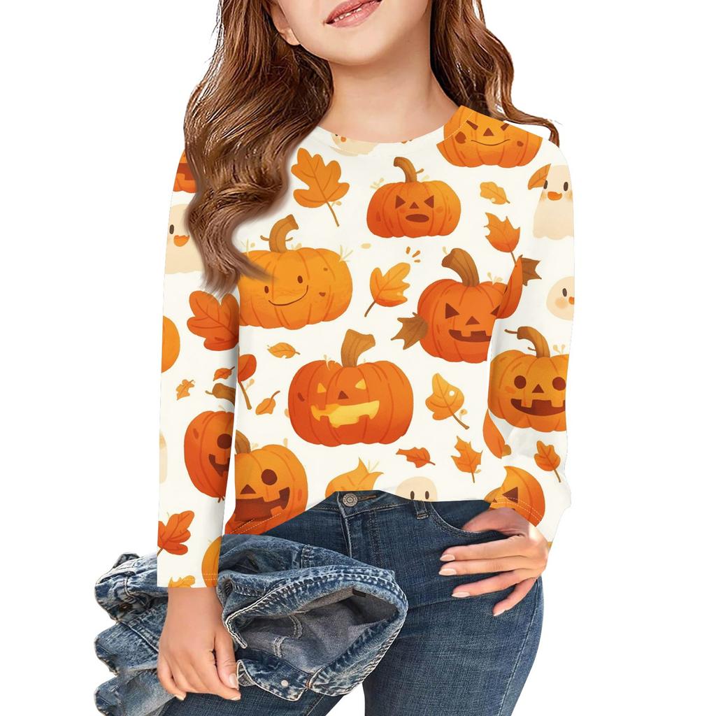 Girls Long Sleeve T Shirts Kids Fall Tops Crewneck Halloween Printed Basic Tees 3-9Y