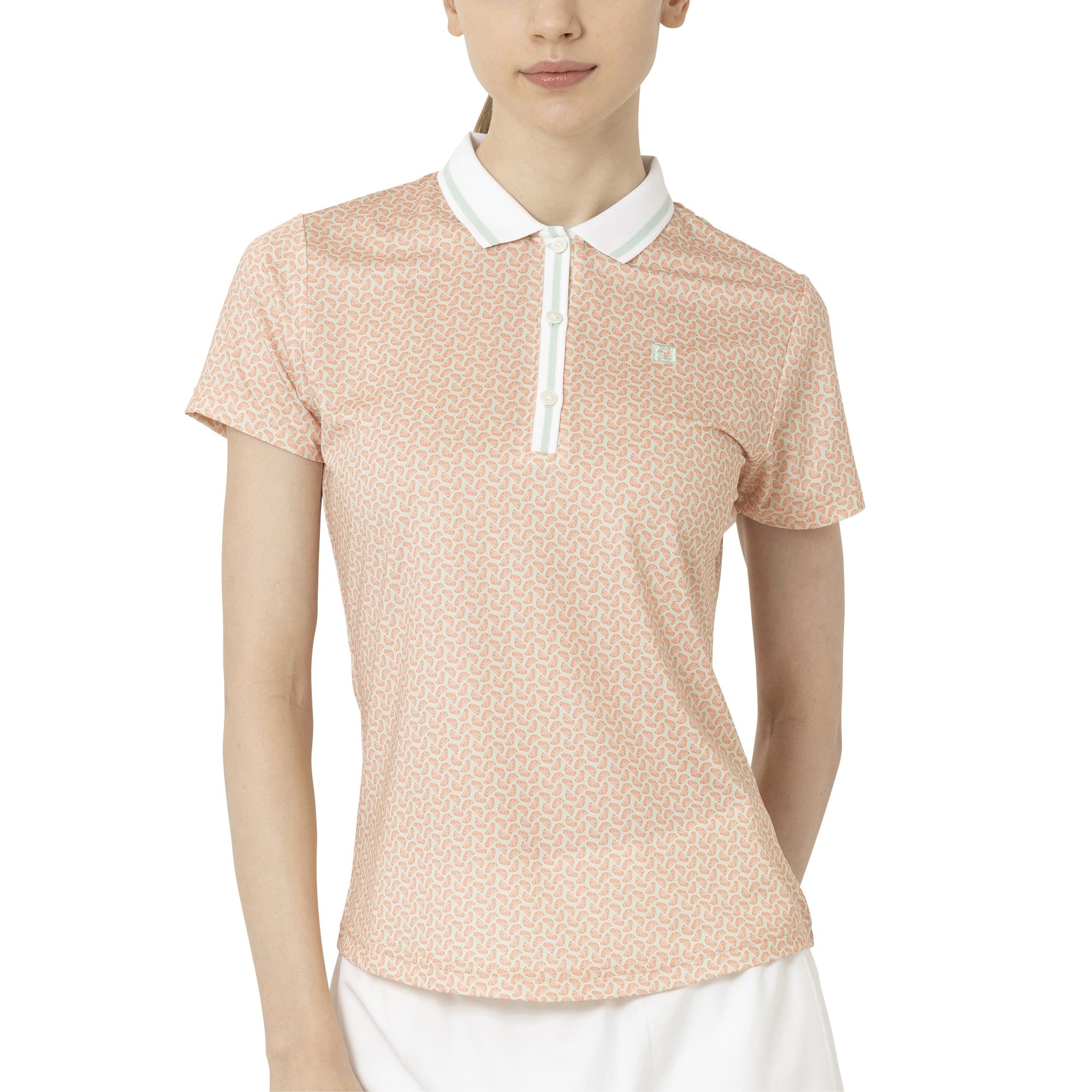 

FootJoy Women s Citrus Print Short Sleeve Ribbed Collar Golf Shirt, Orange, Size M (FJW-S25-S11, 34835-M)