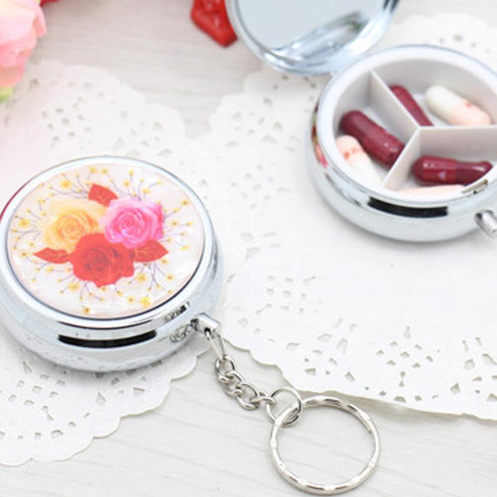 Flower Printed Metal Medicine Box, Circular Three Compartment Storage, Portable Travel Pill Box, Keychain
