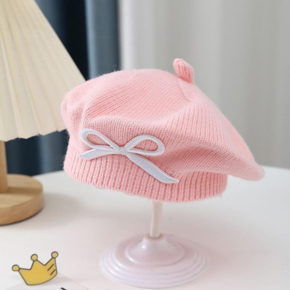 Thick Warm Girls Painter Cap Cotton Toddler Warm Beanie Fashion Bow Knit Headwear  Girl