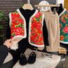 Children's Chinese-Style Fleece-Lined Cotton Vest for Autumn/Winter - Floral Design, Warm New Year Outfit