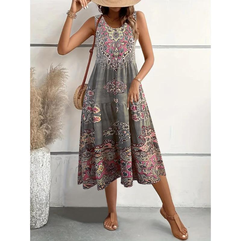 JKASHDK Kvinnemote Sommer Vårblomstmønster Print Ermeløs O-hals Løs midje Fritidskjoler