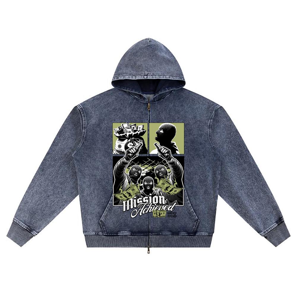 

DTG print Knitted Denim Zip-Up Hoodie Mission Achieved Brother Print Zipper Hoodies XL темно-синий