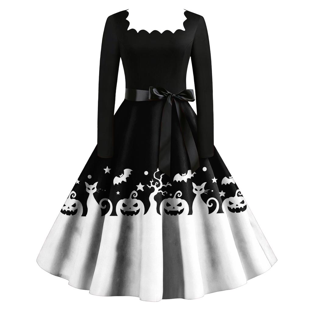 Women's Vintage Square Neck Long Sleeve Dress with Halloween Print for Evening Party