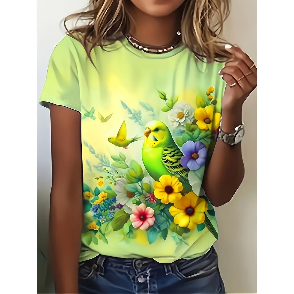 2026 Sommer Rundhals Damen T-Shirt Mode 3D Hawaiianischer Papagei Vogel Druck Kurzarm Cartoon Lässig