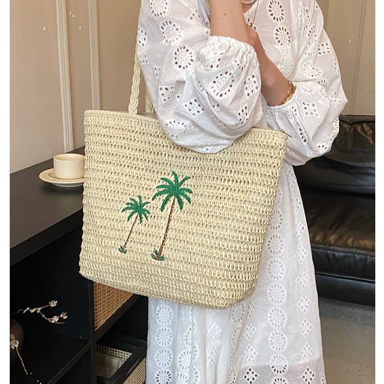 Palm tree embroidered straw tote bag handbag