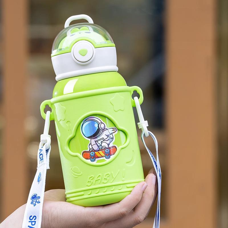 Children' Cartoon Straw Water Thermos Bottle Portable Sealed LeakProof Keep Warm Mug Stainless Steel Kids' Outdoor Thermal Cups