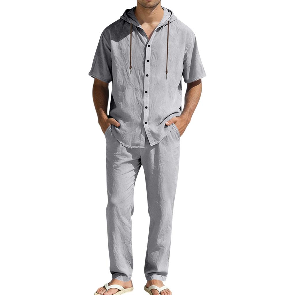 Men's Summer Casual Linen Set: Short-Sleeve Hooded Shirt And Loose-Fit Pants