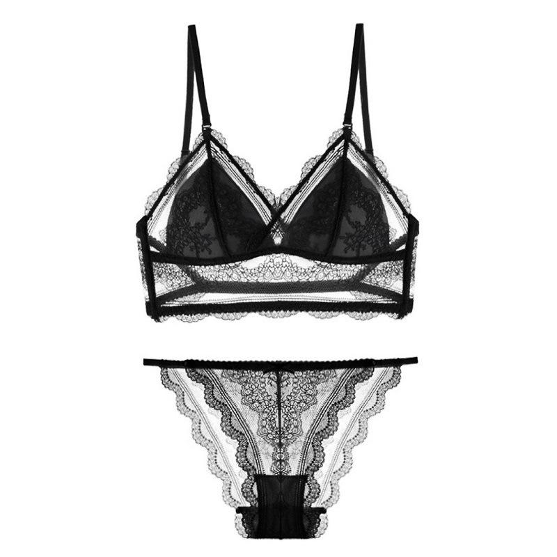 Summer popular U-shaped beautiful back underwear sexy lace rimless thin bra French triangle cup bra set