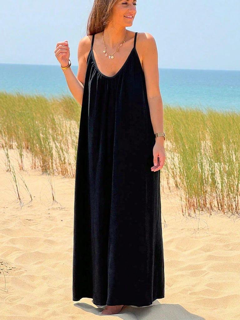 European Seaside Holiday Backless Spaghetti Strap Women's Summer V-Neck Maxi Dress