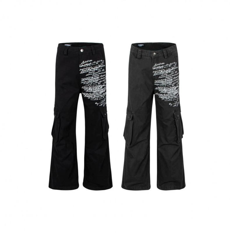 American High Street Letter Print Cargo Straight Leg Jeans Washed Distressed Wide Pants Unisex