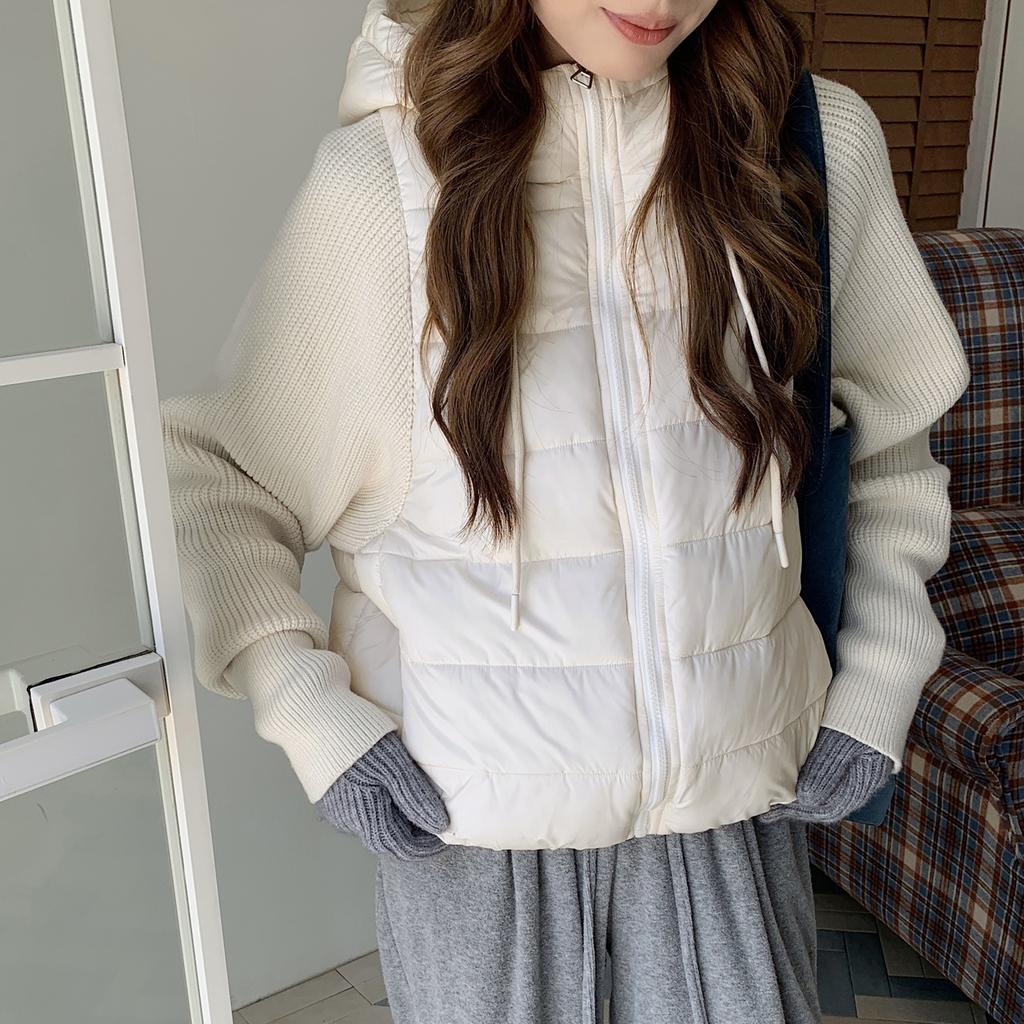 New light and thin cotton-padded jacket knitted sleeves spliced down cotton-padded clothing women's clothing short fake two-piece hooded cotton-pad