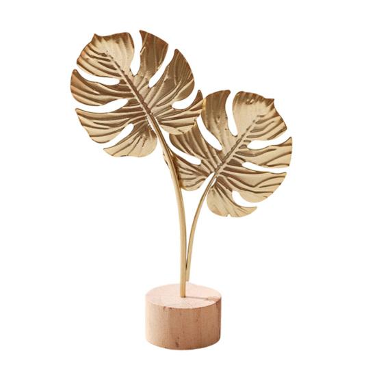 jijijing Metal Leaf Ornaments, Gold Palm Leaf, Ginkgo Feather Statue with Wood Base, Modern Desktop Sculpture for Living Room, Bookshelf, Office Desk