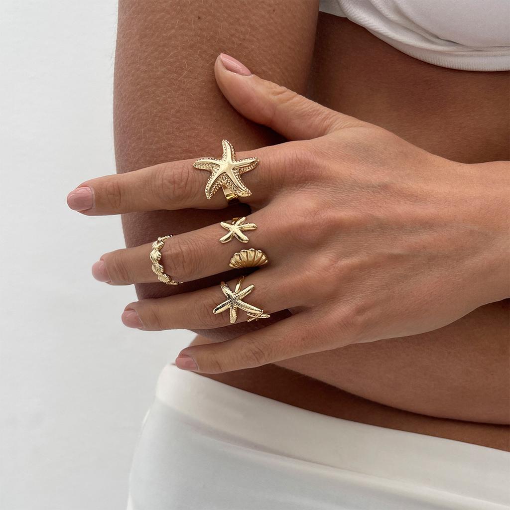 4-teiliges Coastal Chic Seestern Offene Ringe Set Verstellbarer Strandschmuck für Damen Gold & Silber Trendige Sommeraccessoires