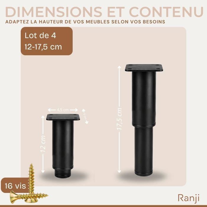 Pied de meuble - RANJI - 12–17,5 cm - Acier - Noir mat - Embout antidérapant