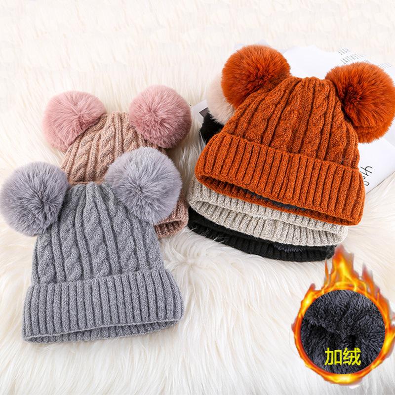 Winter hat men's and women's new adult plush double hairball pullover wool hat, warm and cute knitted hat tide