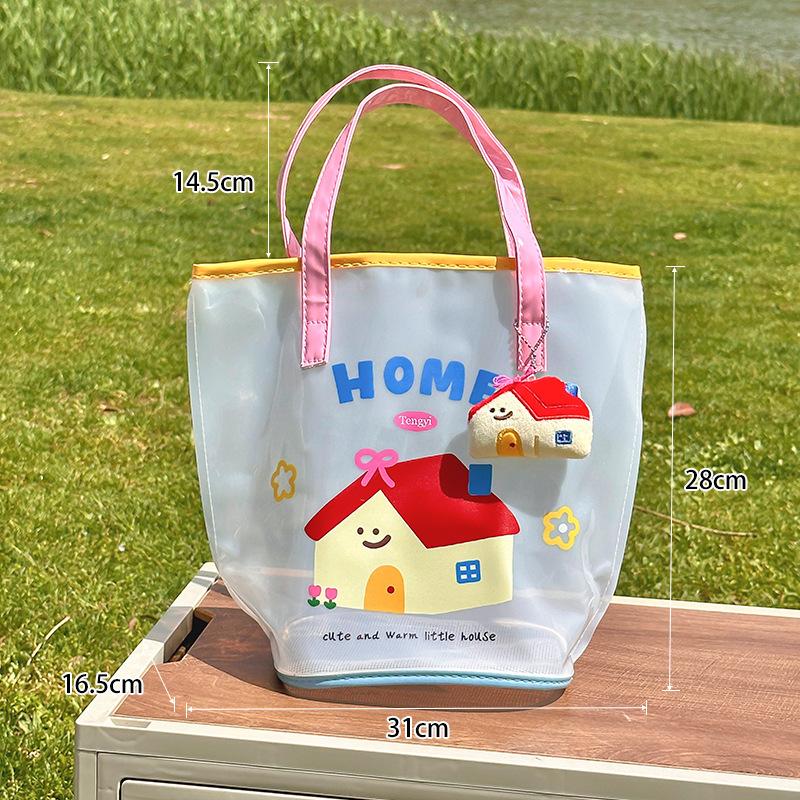 Jelly Beach Bag Waterproof Kawaii Print Pvc Storage Bag Transparent Travel Handbag Shoulder Bag Shopping Bag With Cute Pendant