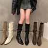 Women's Square Heel Pleated Long Tube Knight Boots Pointed Low Heels Casual Elegant Temperament Slim Boots Leather Women Shoes