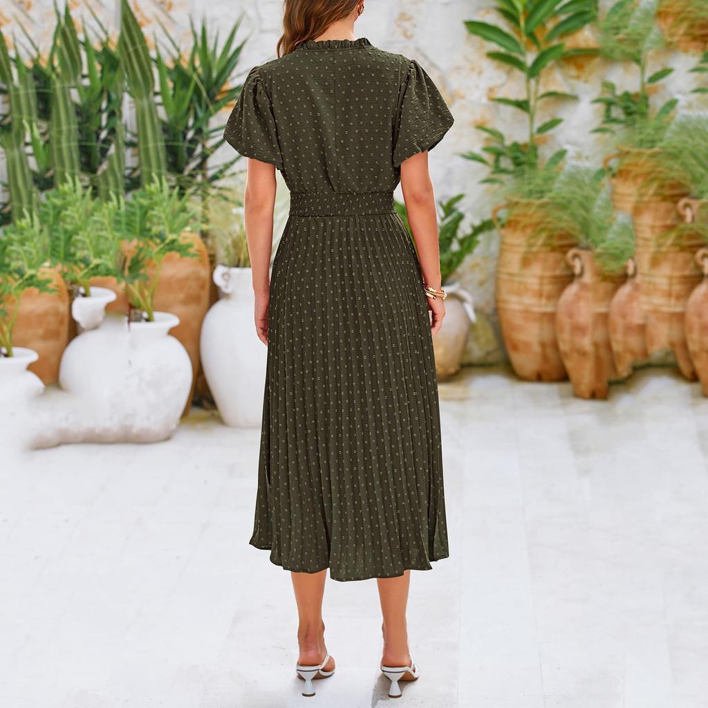 Women's Summer Fashion Loose V-Neck Short Sleeve Tie Solid Color Dresses