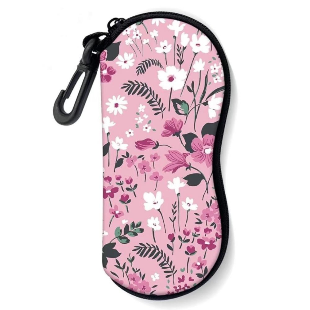 Portable Floral Sunglasses Case with Carabiner Ultra Light Waterproof Eyeglass Pouch Zipper Glasses Organizer for Women Men
