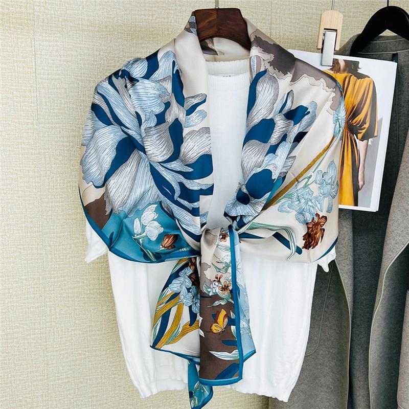 53*170cm High-grade 100% Mulberry Silk Thin Long Scarf Printed Flower Shawl Neckerchief Gift for Women