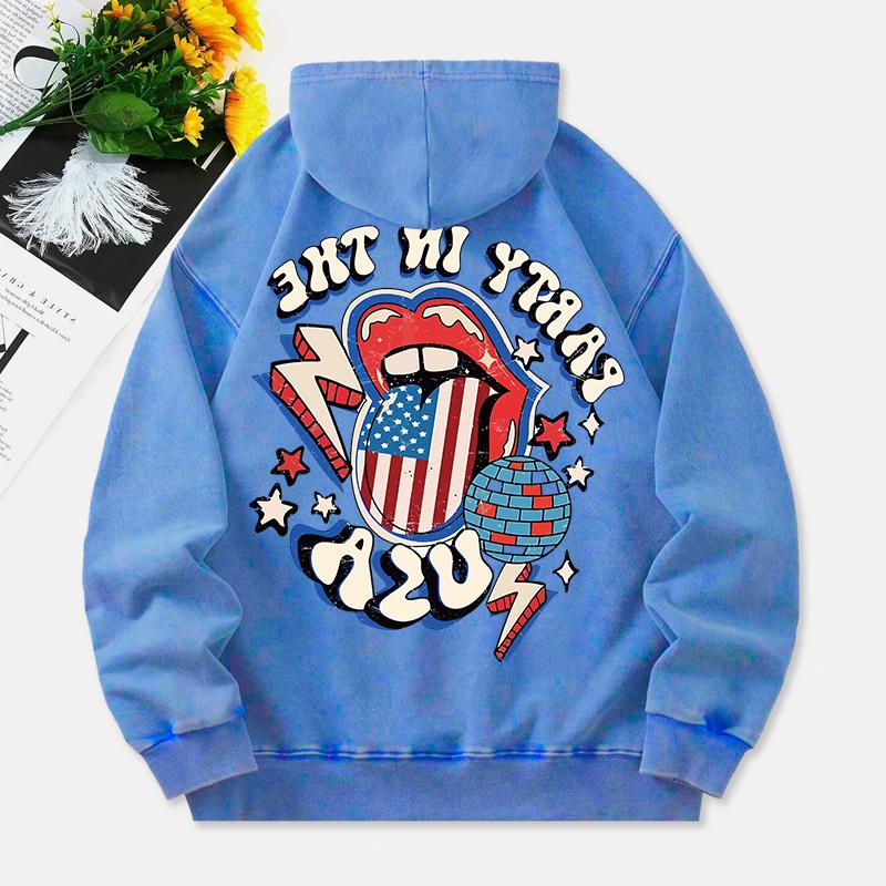 Party In The Usa Gewaschener Hoodie Damen Amerikanische Flagge Drucke Baumwollkleidung Warm Tasche Übergroß Winter Damen