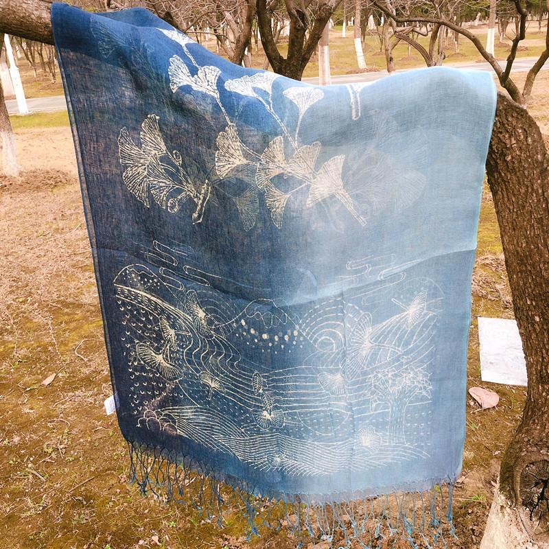 Blue Color Linen Soft Scarves Women Flower Printed Ethnic Design Scarf Summer Travelling Long Scarves