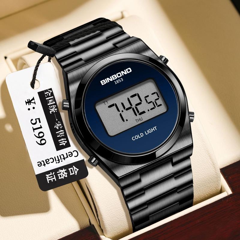 Binbang Watch Simple and Fashionable Round Digital Trendy Man Waterproof Sports Steel Belt Electronic Watch