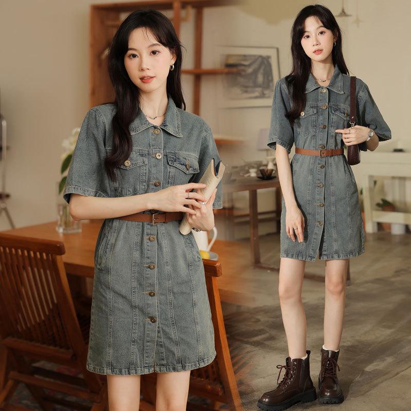 Retro Denim Shirt Dress 2026: Summer Style for Petite Women - Loose, Slimming Fit S синий