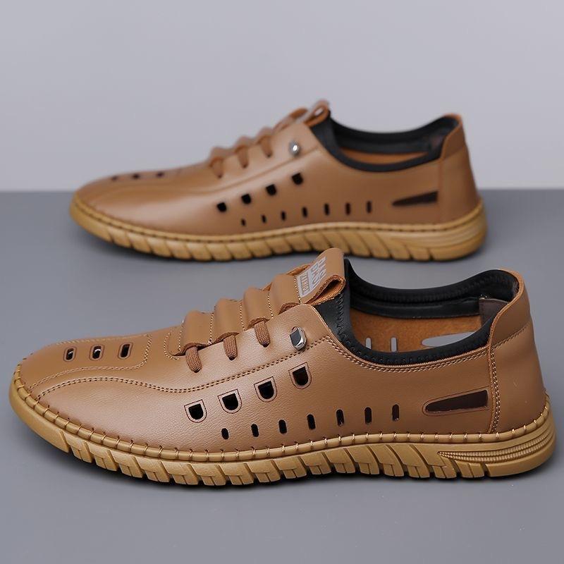 

Hollow leather shoes casual shoes summer new men s shoes breathable mesh hole shoes one pedal flat shoes 44 коричневый