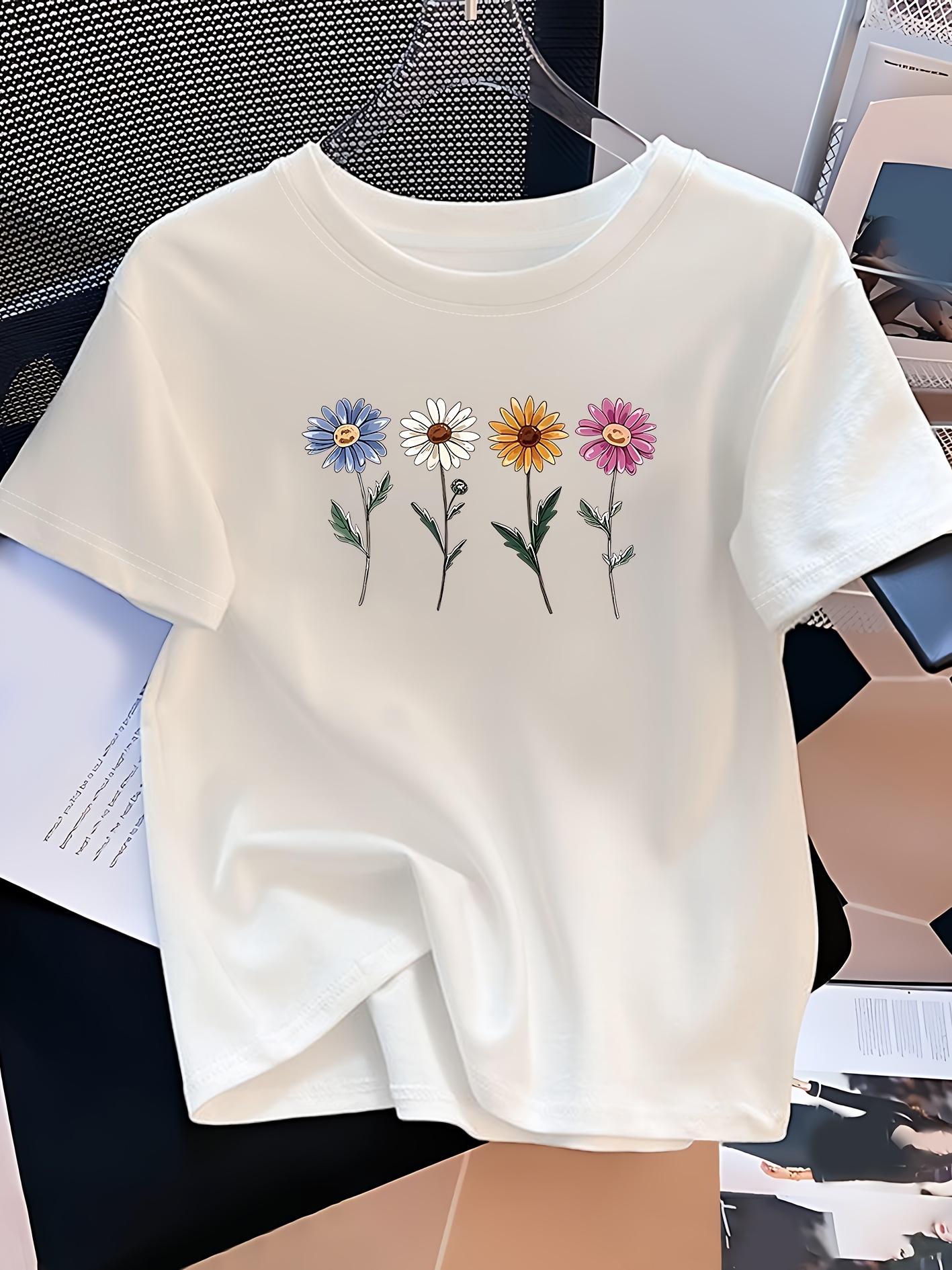 

Womens Casual Round Neck Short Sleeve TShirt with Colorful Floral Simple Design Print Soft Attire Fashion Women Top Breathable S