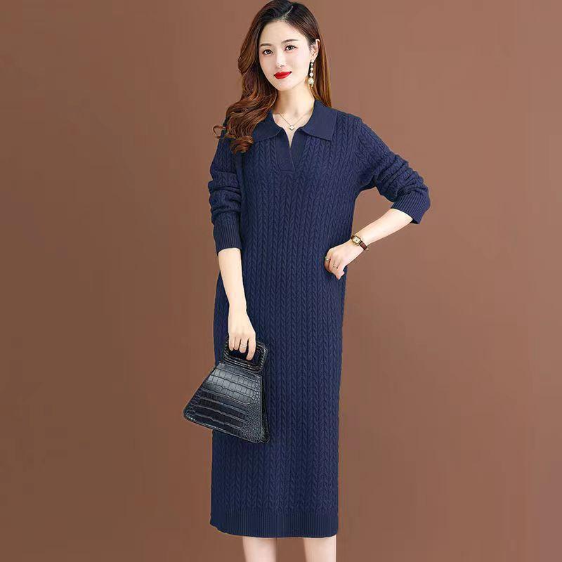 2024 Autumn-Winter Women's Korean Style Knitted Lapel Sweater Dress - Over the Knee, Medium-Length, Loose Fit