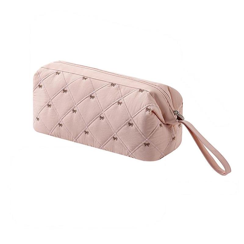 Women Hair Dryer Storage Bag For Travel Cute Bow Embroidery Quilted Hair Tools Waterproof Zipper Cosmetic Bags