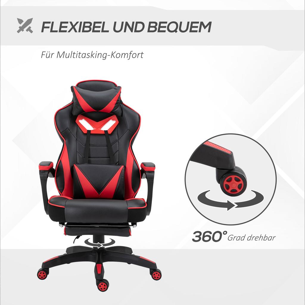 Gaming Chair, PU Leather Computer Chair, Home Office Chair with Footrest, Lumbar Support and Headrest, Red