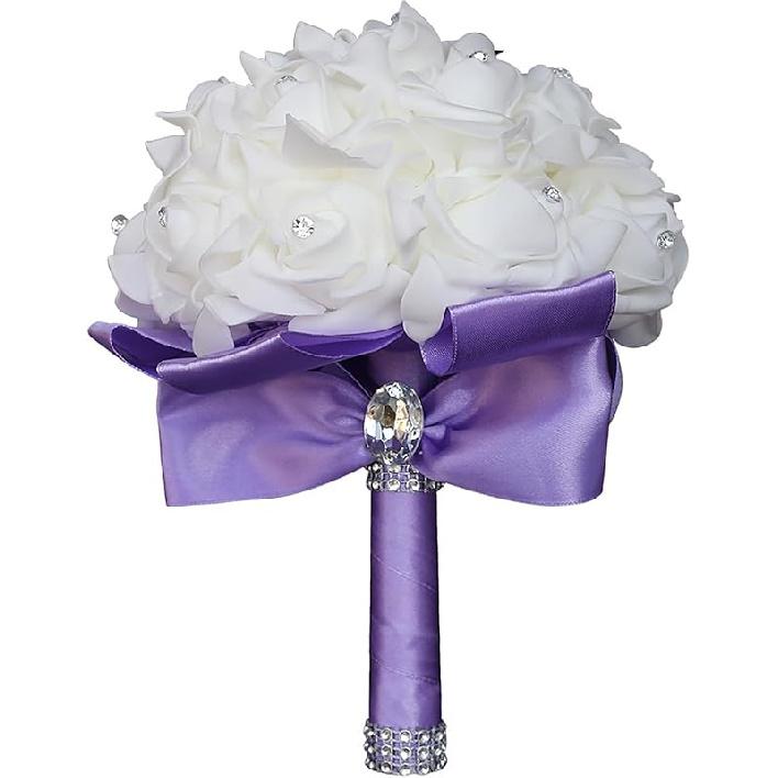 CUIWEI Wedding Bouquets for Bride & Bridesmaid - Hand Roses & Silk Roses Crystal Diamond Artificial Flowers for Wedding Parties, Churches (White)