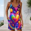 Women Plus Size Sleeveless Cami Short Romper Colorful Rainbow Heart Star Print Jumpsuit With Side Pockets