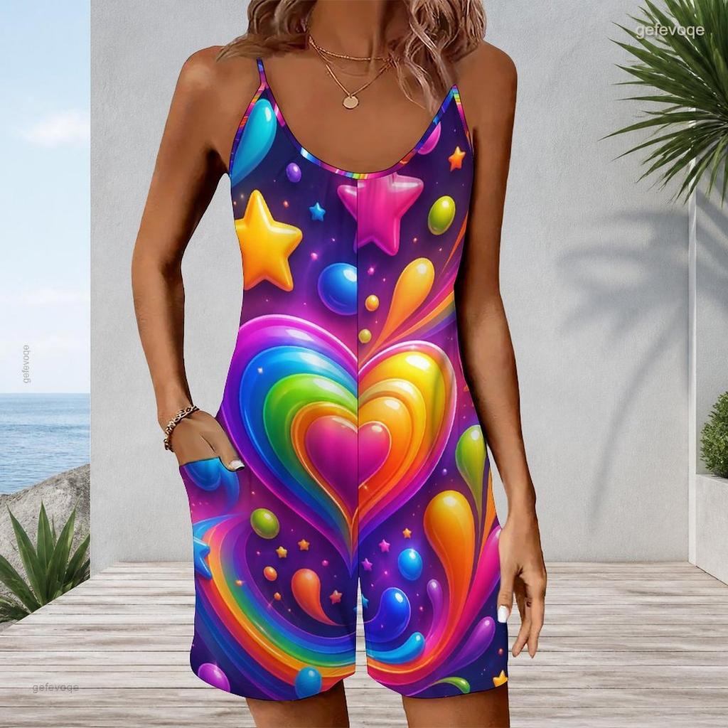Women Plus Size Sleeveless Cami Short Romper Colorful Rainbow Heart Star Print Jumpsuit With Side Pockets