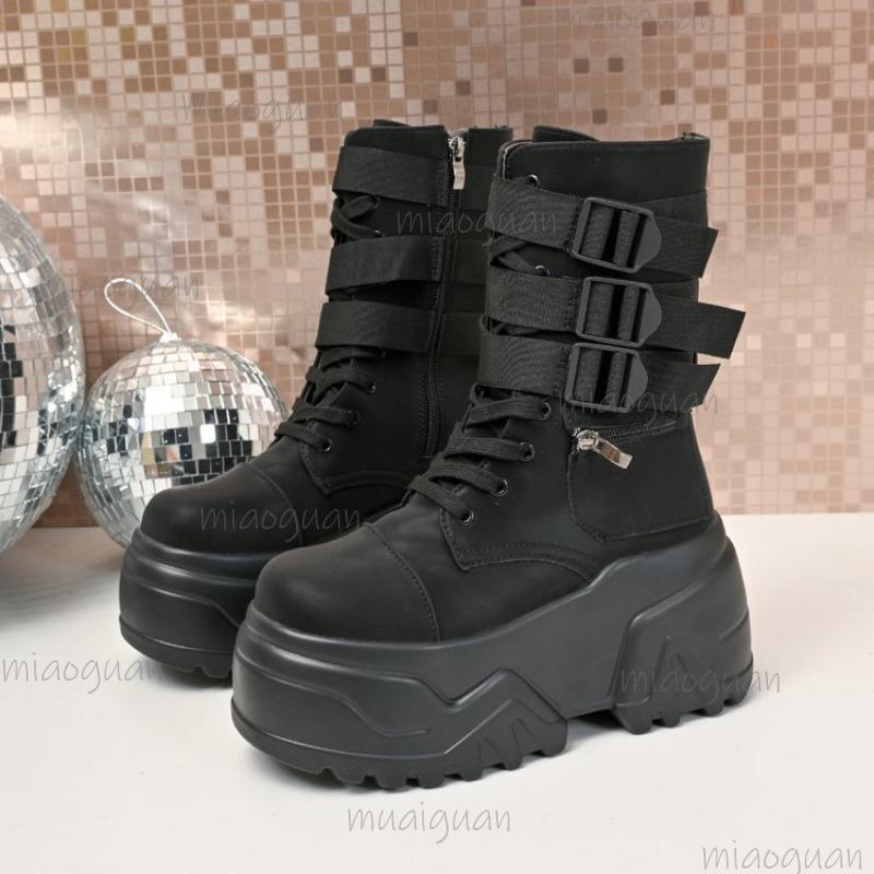 

Punk Style Thick Bottom Women s Black Short Boots Side Zip Buckle Straps Platform Shoes for Women De Mujer Size 35-42 42