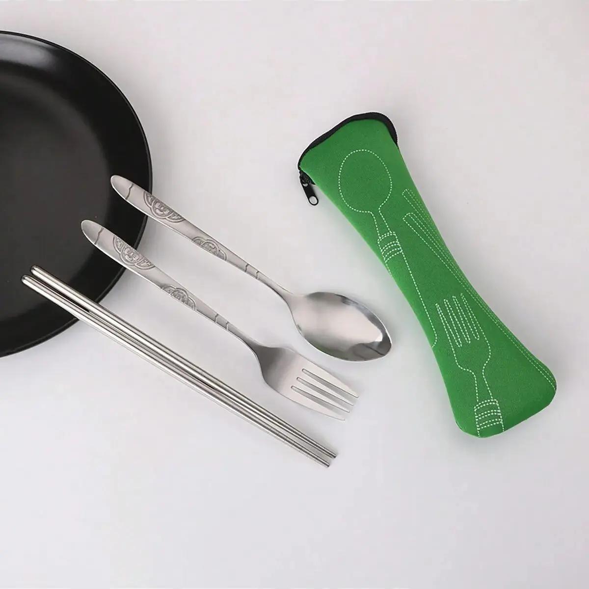 

4pcs-Stainless Steel Steak Cutlery Set, Portable Cutlery Set With Cloth Bag, Chopsticks Fork And Spoon Set чорний
