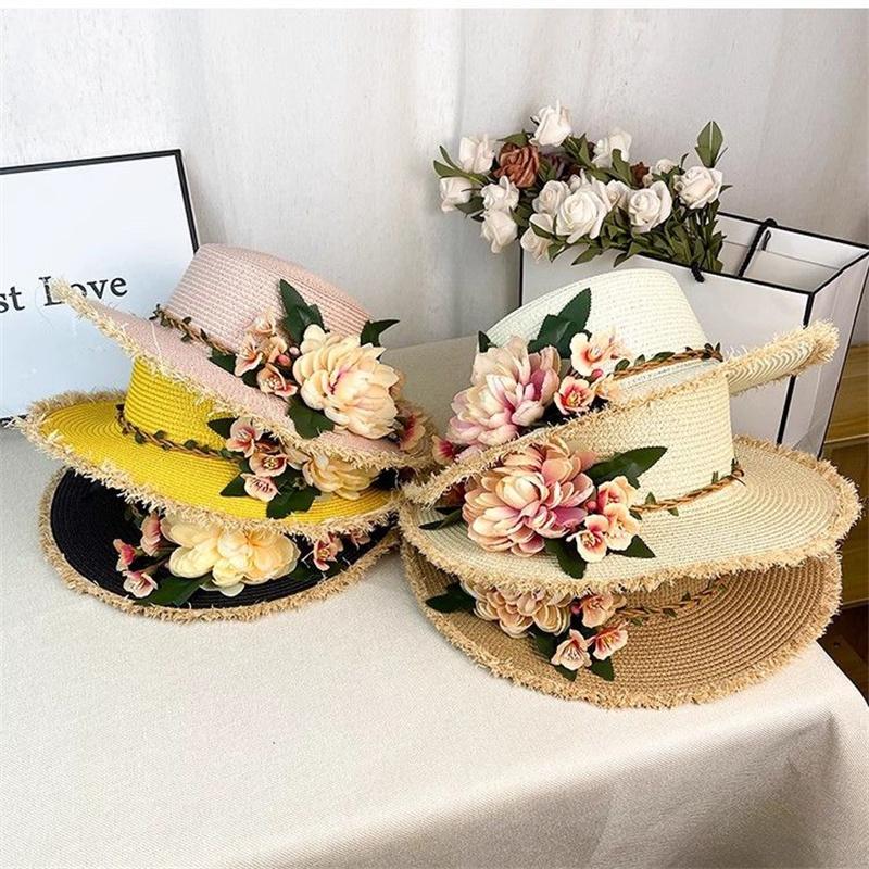Beach Hat Flower Decoration Summer Straw Hat Women Summer Large Brim Color Matching Sun Hat Atmospheric Elegant Wedding Hat 2025